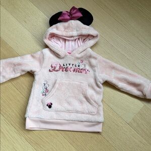 🌸Disney Minnie Mouse Hoodie Pink Faux Fur Plush Sequined Bow Hood Ears Size 18M